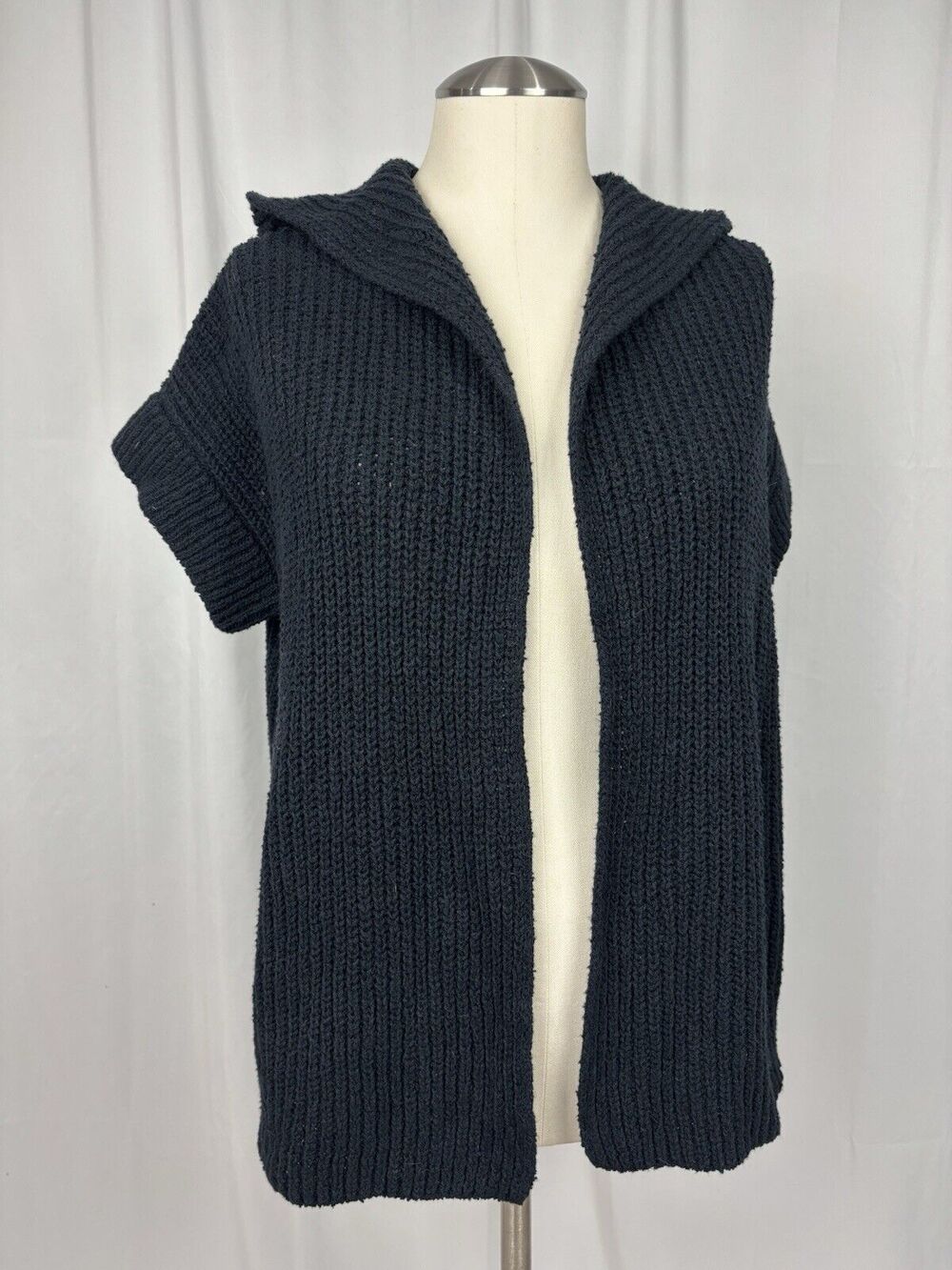 Eileen Fisher Peruvian Organic Cotton SS Hooded Open Front Cardigan Black XS